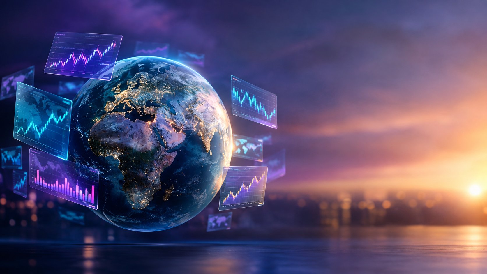 Globe surrounded by floating stock charts from different regions