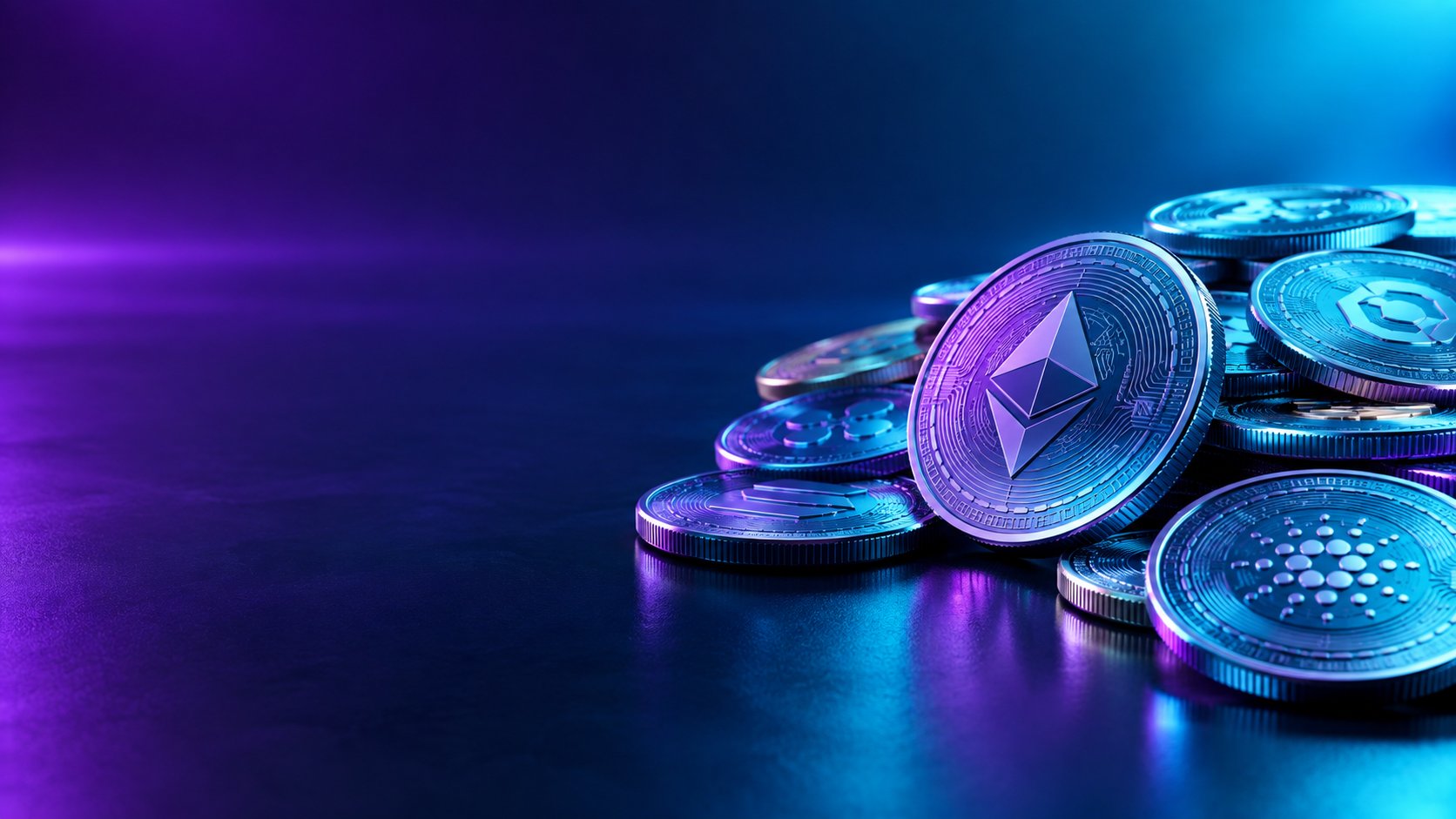 Pile of assorted generic cryptocurrency coins with abstract engraved patterns